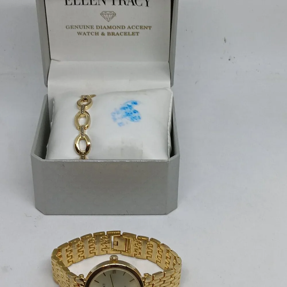 Ellen Tracy ET8065 Women's 32mm Gold Tone Diamond Dial Watch + Bracelet Set